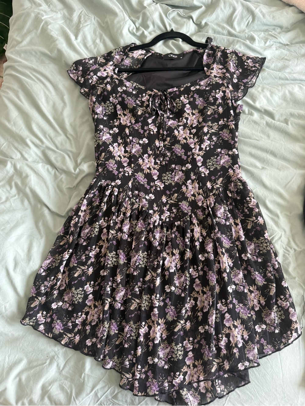 Cider Black Floral Ruffle Short Dress with Lavender Print